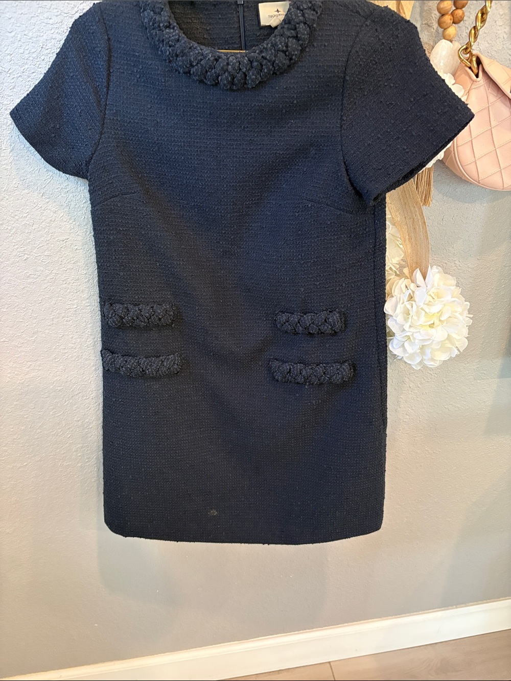 Tuckernuck Navy Textured Tweed Short Sleeve Shift Dress